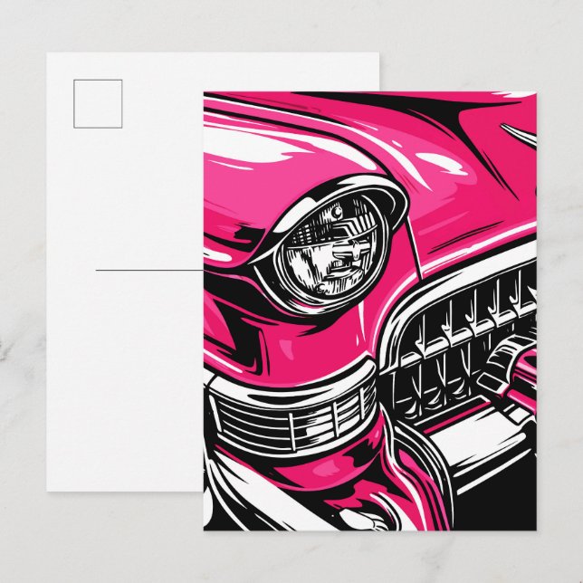 Cartão Postal Retro Pink Classic Car Front Pop Art Illustration (Frente/Verso)