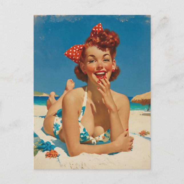 Cartão Postal Retro Praia Pin Up (Frente)