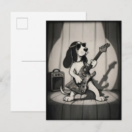 Cartão Postal Retro Rockstar Basset Hound Guitarrista Monocromát