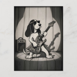 Cartão Postal Retro Rockstar Basset Hound Guitarrista Monocromát
