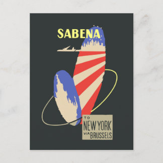 Cartão Postal Retro Sabena Airlines a Nova Iorque via Bruxelas