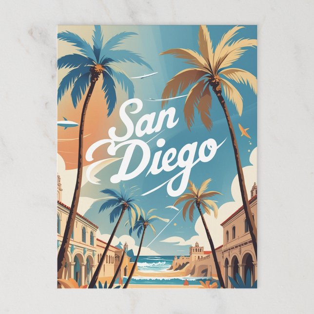 Cartão Postal Retro San Diego Beach e City (Criador carregado)