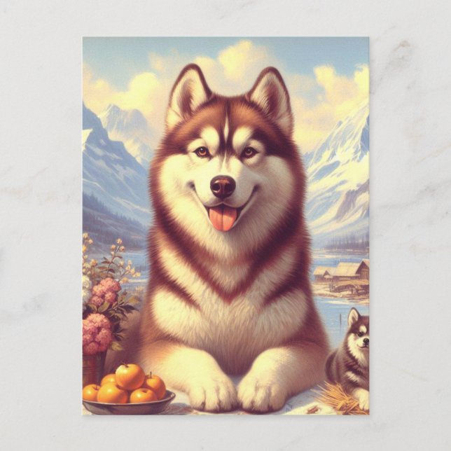 Cartão Postal Retro Siberian Husky Pintura (Frente)