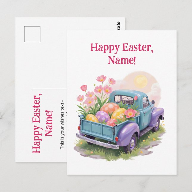 Cartão Postal Retro Teal & Purple Truck with Easter Eggs (Frente/Verso)