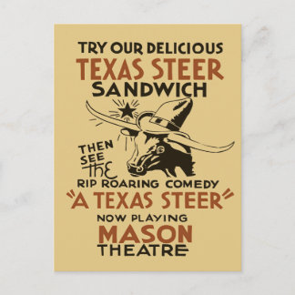 Cartão Postal Retro Texas Steer Sandwich e teatro