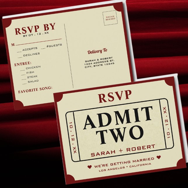 Cartão Postal Retro Theater Admite Dois RSVP de Casamento de Est (Retro Theater Admit Two Ticket Stub Wedding RSVP Postcard)