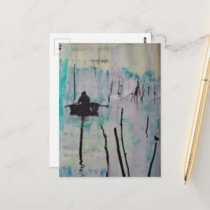 Cartão Postal Retro Um Barco e um Pássaro Preto Branco Azul