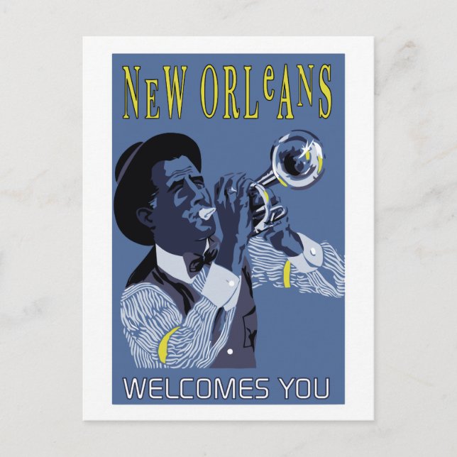 Cartão Postal Retro vetor Art New Orleans jazz trumpet player (Frente)