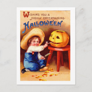 Cartão Postal Retro Vintage Halloween Boy Carvier