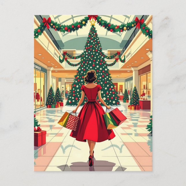 Cartão Postal Retro Woman Shopping Mid Century Christmas (Frente)