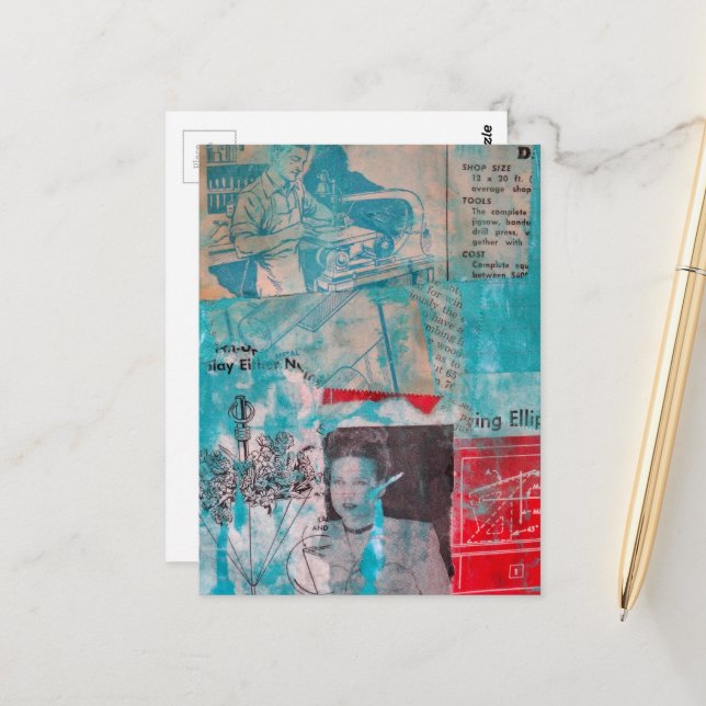 Cartão Postal Retro Woodworking Man Woman Flowers Collage  (Frente/Verso In Situ)