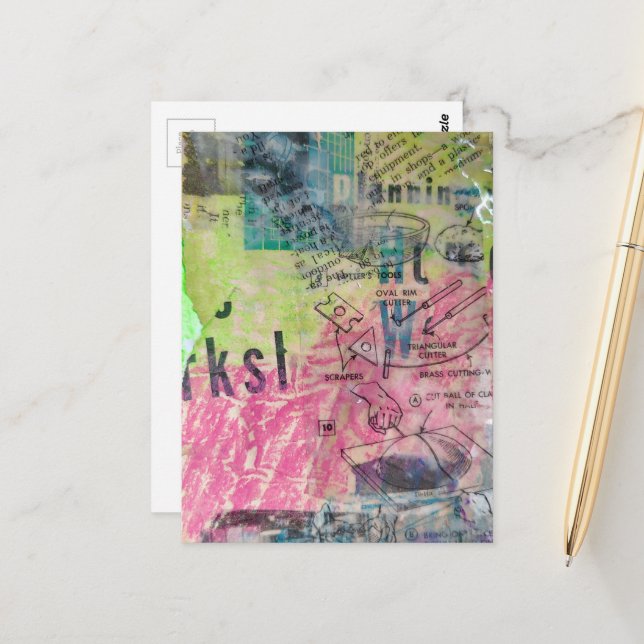 Cartão Postal Retro Woodworking mixed media collage colorful (Frente/Verso In Situ)