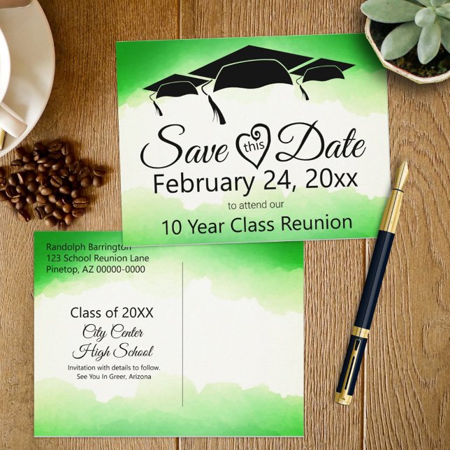 Cartão Postal Reunião da Classe de Aquarela Verde Salvar Data (Start your class reunion planning with this easy to customize save the date postcard announcement. )