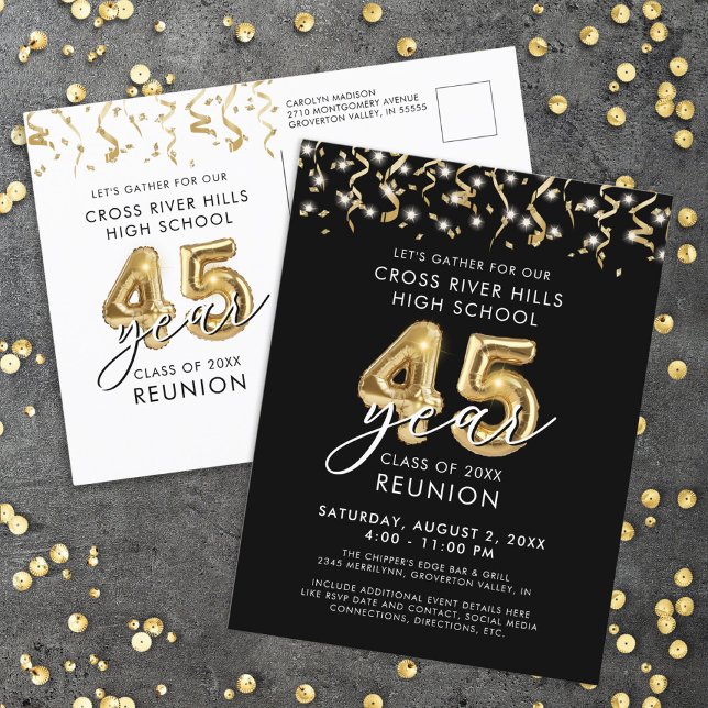 Cartão Postal Reunião de Classe 45 Anos Balões Dourados Pretos C (Criador carregado)