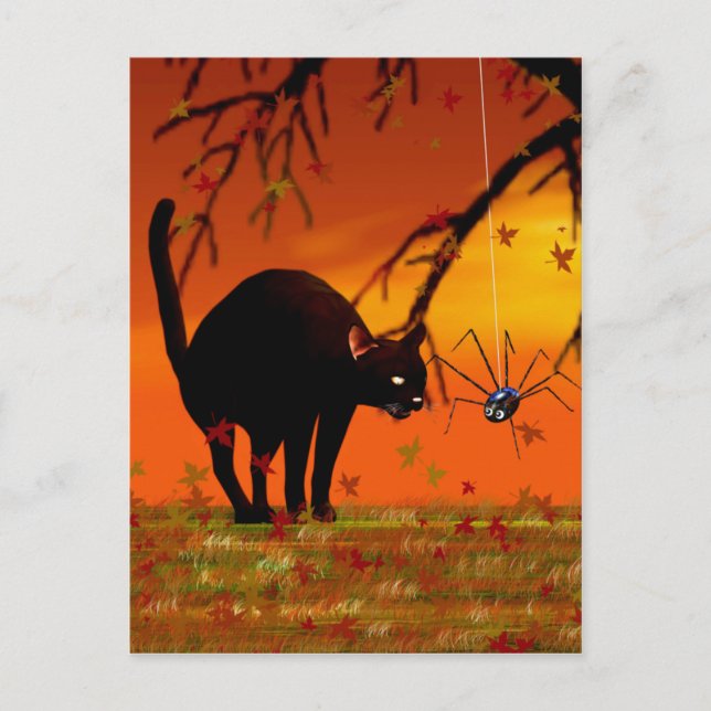 Cartão Postal Reunião de Halloween - Gato Negro e Aranha (Frente)