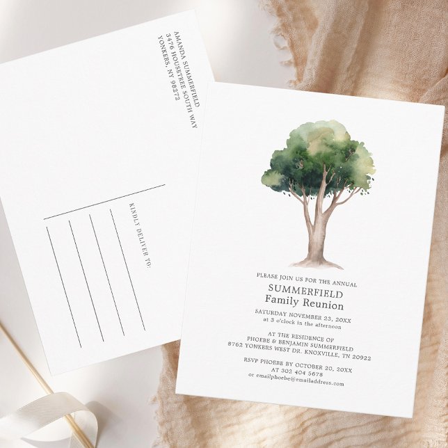 Cartão Postal Reunião de Reunião da Família de Árvores de Aquare (Watercolor Tree Family Reunion Summer Get Together Postcard)