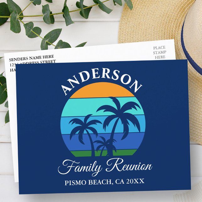 Cartão Postal Reunião Familiar Summer Beach Palm Trees Blue (Customize to change text size, style or color.)