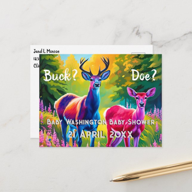 Cartão Postal Revelação de Gênero de Veados Rosa e Azul (Frente/Verso In Situ)