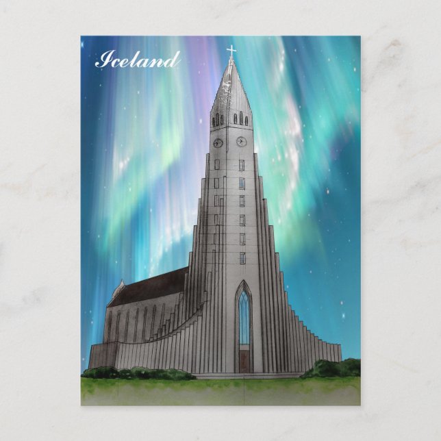 Cartão Postal Reykjavik Islândia Church Watercolor (Frente)