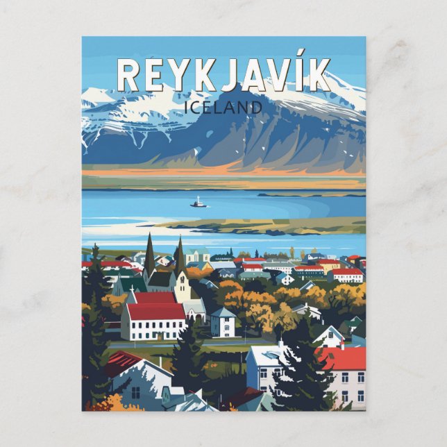 Cartão Postal Reykjavík Islândia Viagem Arte Vintage (Frente)