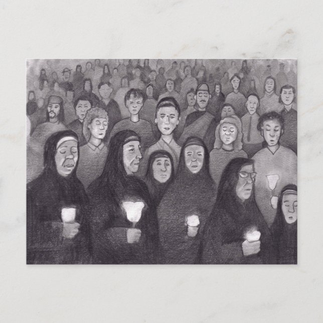 Cartão Postal Rezando à luz de velas em Lourdes, França (Frente)