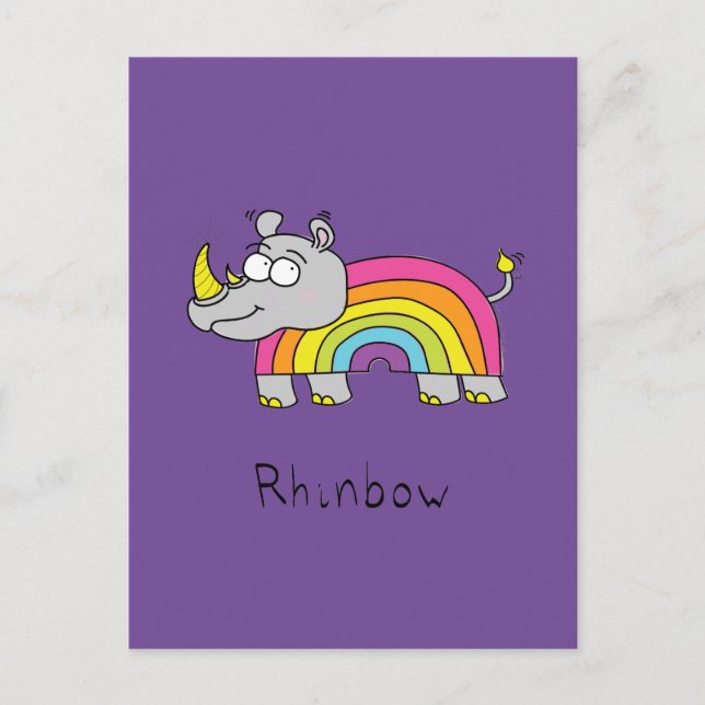 Cartão Postal Rhino Rainbow Cute Kids Rhinocerec (Frente)
