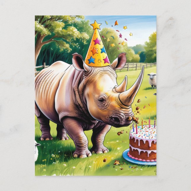 Cartão Postal Rhino vestindo chapéu de aniversário no país inglê (Frente)