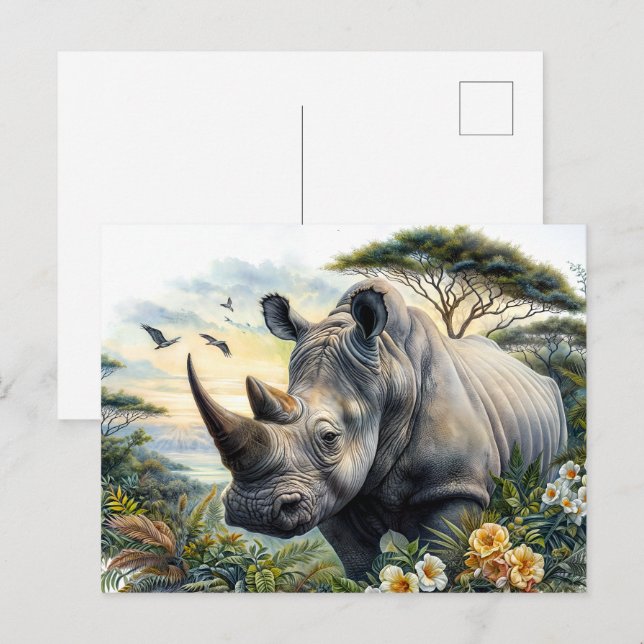 Cartão Postal Rhino Watercolor Art (Frente/Verso)