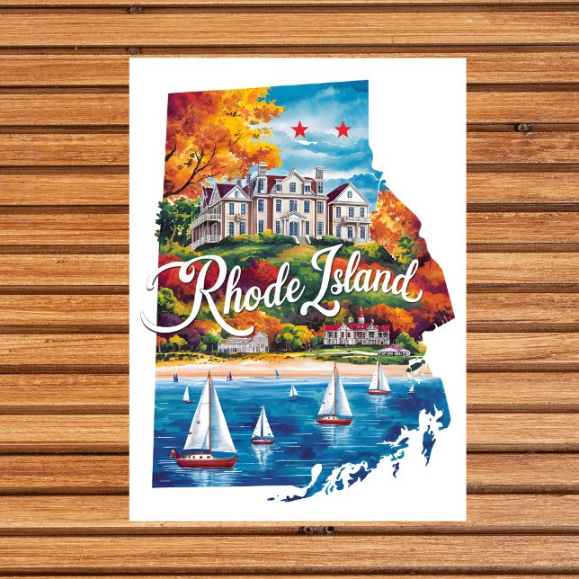 Cartão Postal Rhode Island EUA Estado em Forma de Aquarela Vinta (Rhode Island USA State Shaped Vintage Watercolor Postcard
)