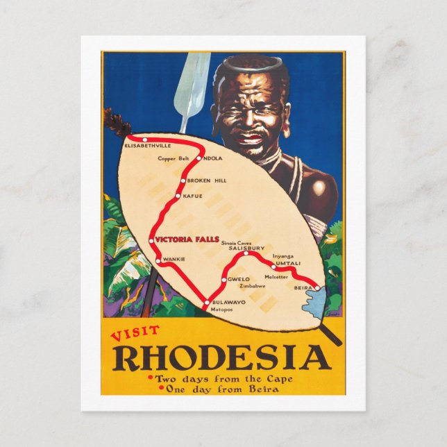 Cartão Postal Rhodesia, guerreira tradicional com mapa no escudo (Frente)