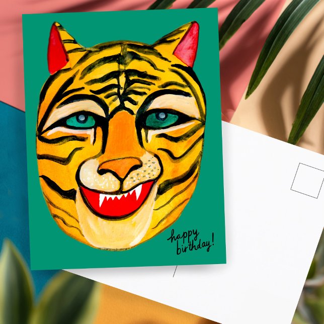 Cartão Postal Rindo de Tiger Watercolor Feliz Aniversário Colori (Laughing Tiger Watercolor Hand Painted Happy Birthday Postcard
)