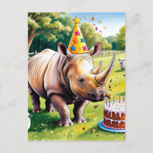 Cartão Postal Rinoceronte usando chapéu de aniversário no campo
