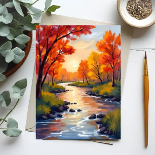 Cartão Postal Rio de Outono   Aquarela da Natureza com Folhas de