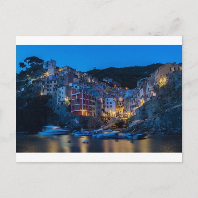 Cartão Postal Riomaggiore à noite Cinque Terre Liguria Itália (Frente)