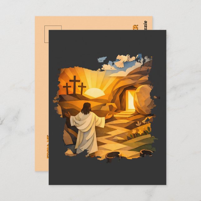 Cartão Postal Risen Jesus Empty Tomb 3D Papercut Easter Postcard (Frente/Verso)