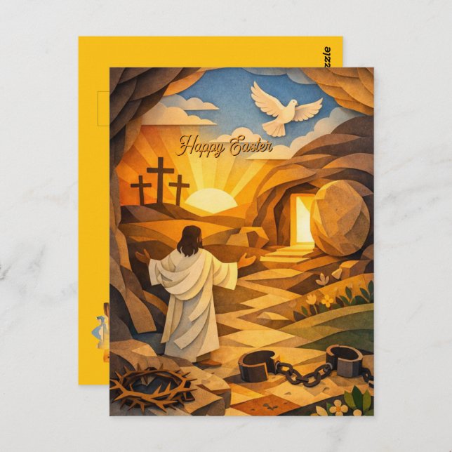 Cartão Postal Risen Jesus Empty Tomb 3D Papercut Easter Postcard (Frente/Verso)