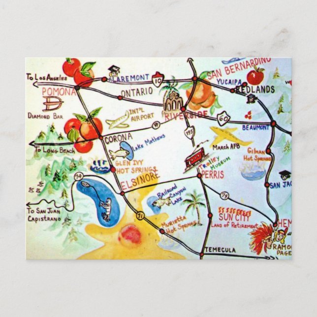 Cartão Postal Riverside - Mapa Colorido da Califórnia (Frente)