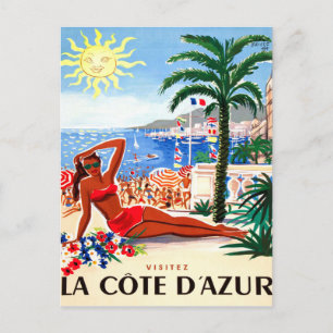 Cartão Postal Riviera francesa, menina bikini na praia, França