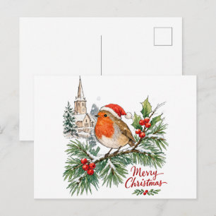 Cartão Postal Robin de Natal aquarela com azevinho e neve