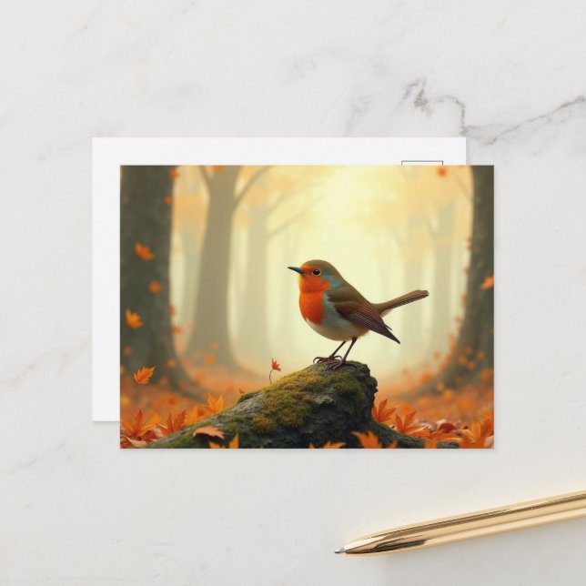 Cartão Postal Robin no outono/Fall Forest, deixa cair (Frente/Verso In Situ)