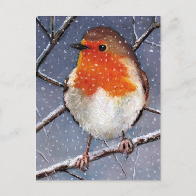 CARTÃO POSTAL ROBINA INGLESA NA NEVE: ARTE DE PASTEL DE ÓLEO (Frente)