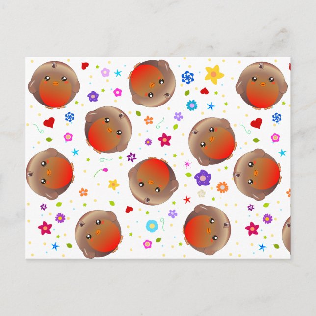 Cartão Postal Robins e flores em forma de grão (Frente)