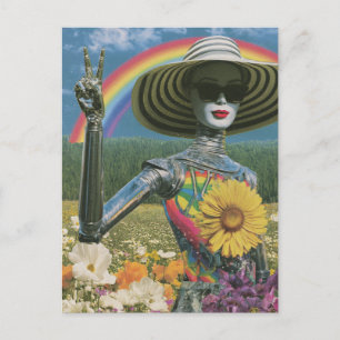 Cartão Postal Robô Alien de Paz Prateado