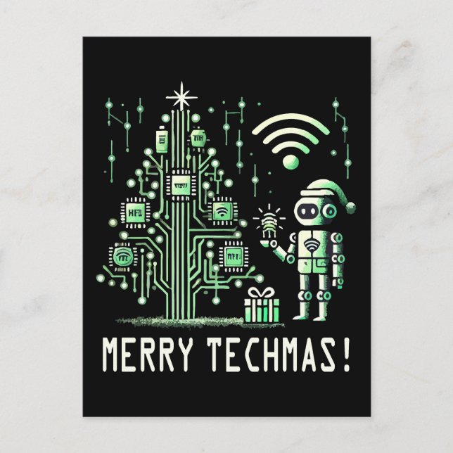 Cartão Postal Robô de IA com Árvore de Natal Tech – Merry Techma (Frente)
