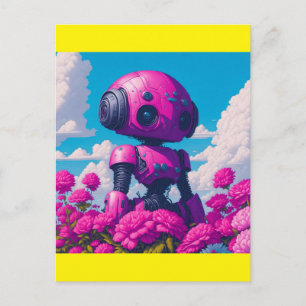 Cartão Postal robô rosa em flores rosa