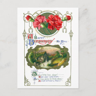 Cartão Postal Roda d'água e cravos vermelhos Vintage Aniversário