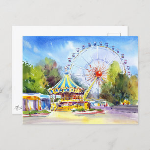 Cartão Postal roda-gigante. Arte aquarela do parque de diversões