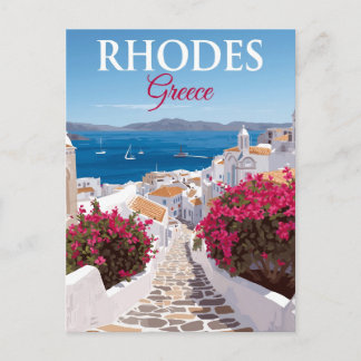 Cartão Postal Rodes Grécia Beco de Paralelepípedos Vista para o
