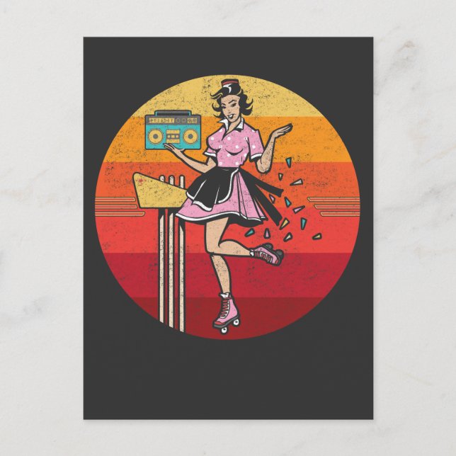 Cartão Postal Roller Skating Old Radio Female 70s 80s Skater (Frente)