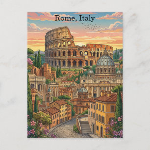 Cartão Postal Roma Colorida Itália Coliseu Arte de Viagem Vintag